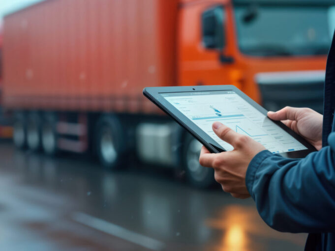 Fleet manager using a tablet with real-time telematics dashboard in front of an orange semi-truck on a wet road. Trucking logistics software and digital fleet tracking for commercial transportation operations.